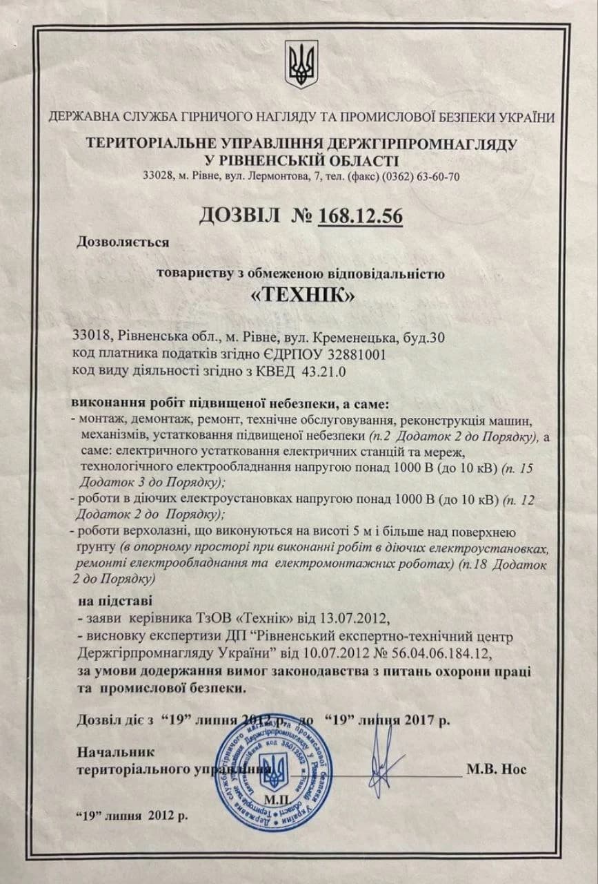 Дозвіл №1125.12.30 (роботи в діючих електроустановках)